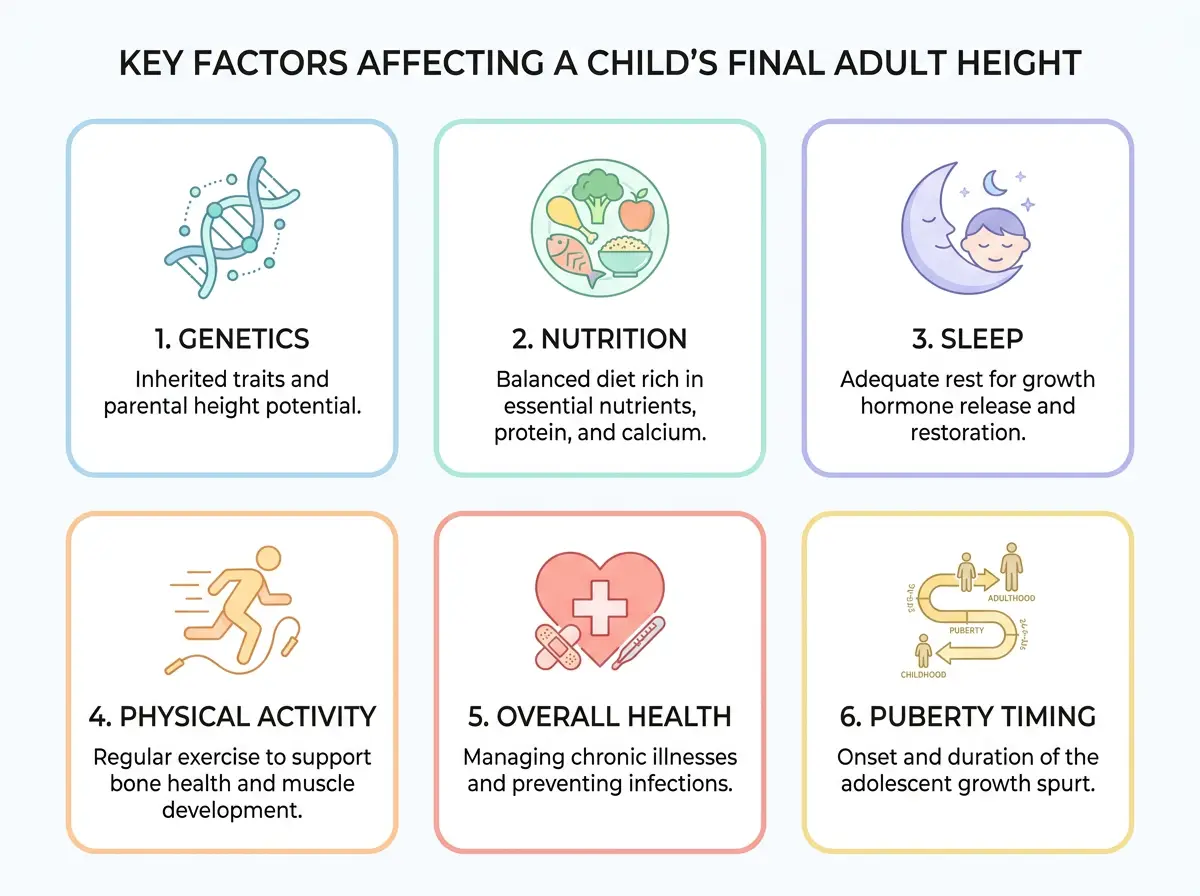 factors that affect a child's final adult height — genetics, nutrition, sleep, exercise, health, puberty timing