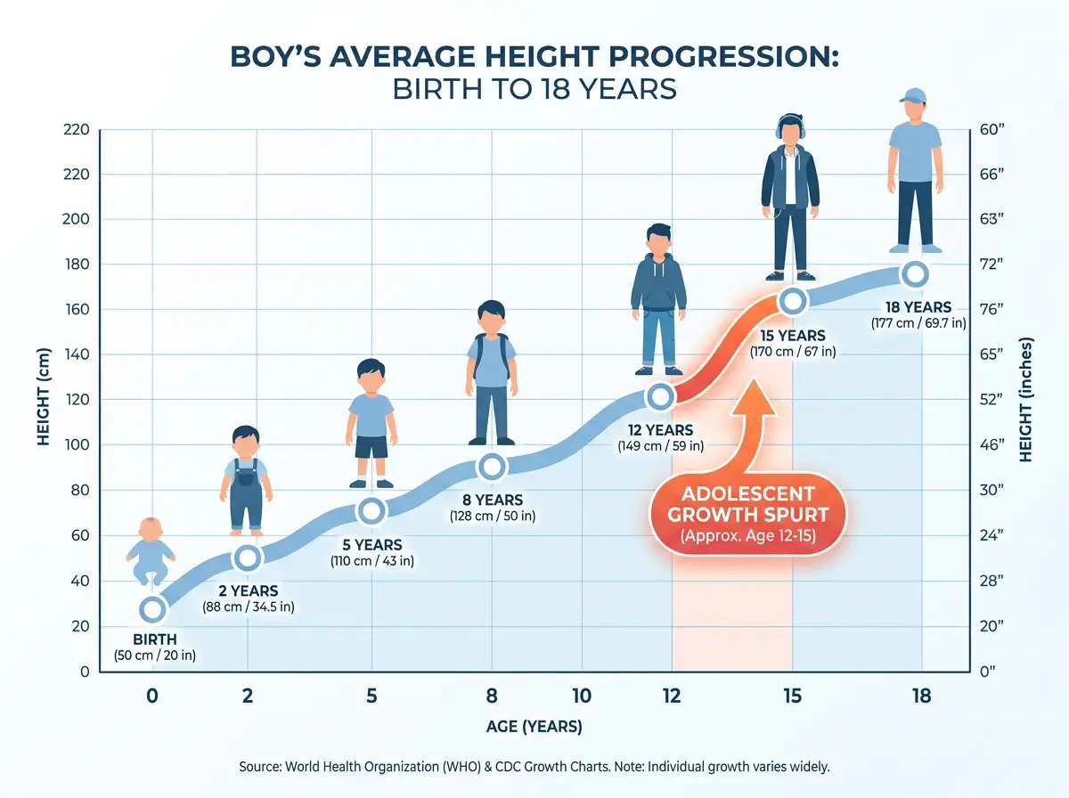 how tall will my boy be — boys average height growth chart by age showing growth spurt between ages 12 and 15