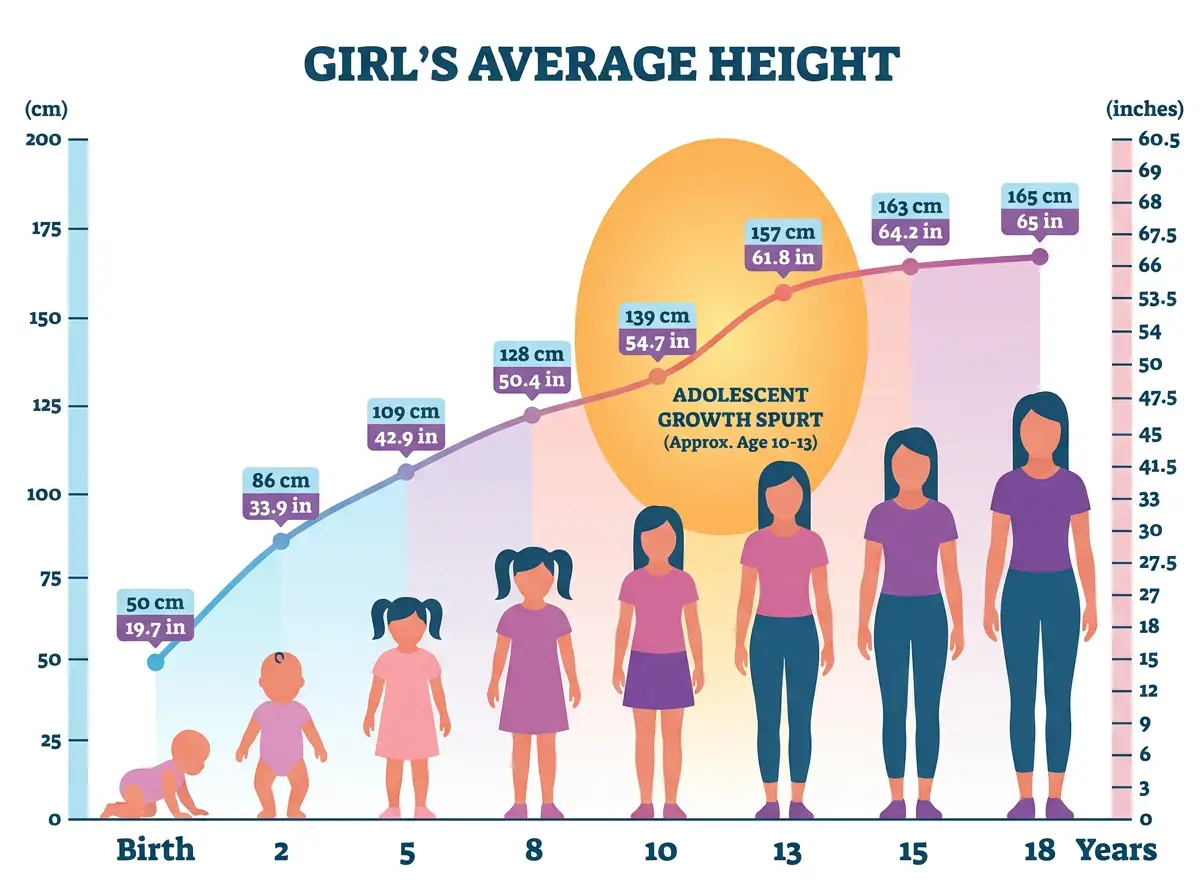 how tall will my girl be — girls average height growth chart by age showing growth spurt between ages 10 and 13