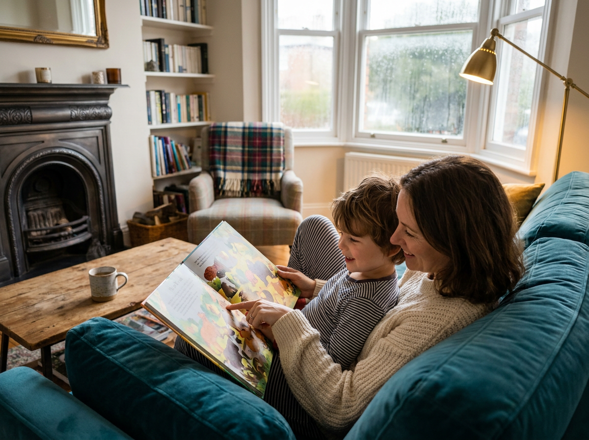 Parent and 3 year old child reading a picture book together at home in the UK