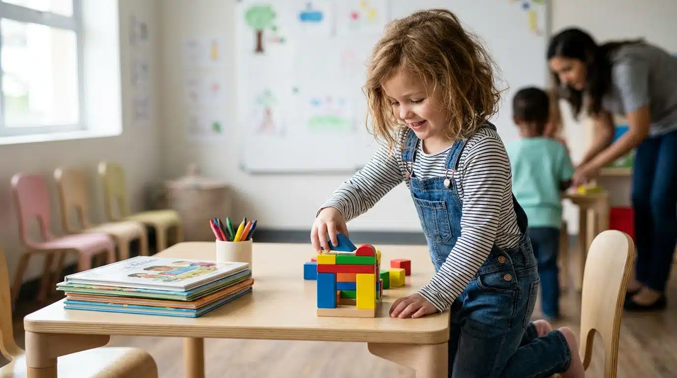 5 year old child engaged in play-based learning at home in the UK