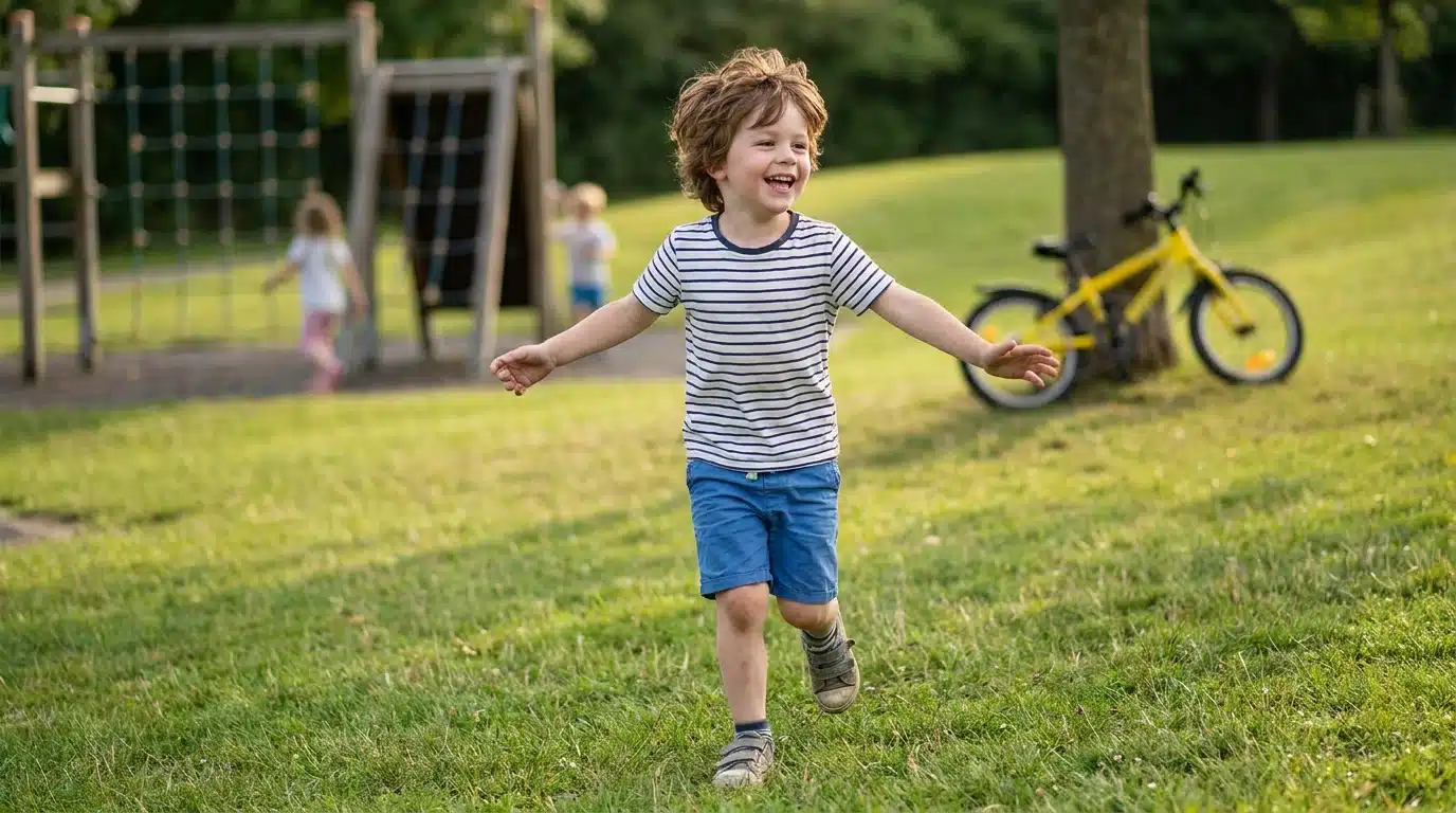 5 year old child running and playing outdoors developing gross motor skills