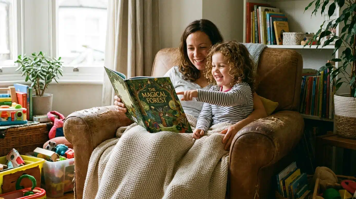 Parent and 5 year old child reading a picture book together at home in the UK