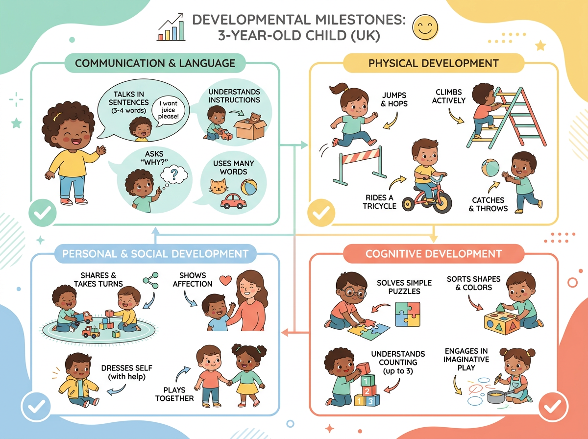 infographic showing the four areas of 3 year old developmental milestones UK