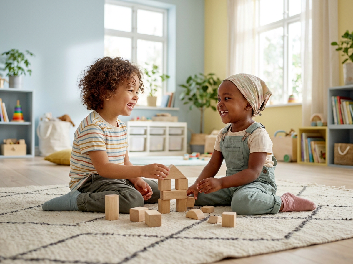 Two 3 year old children playing together and sharing toys — social milestones UK